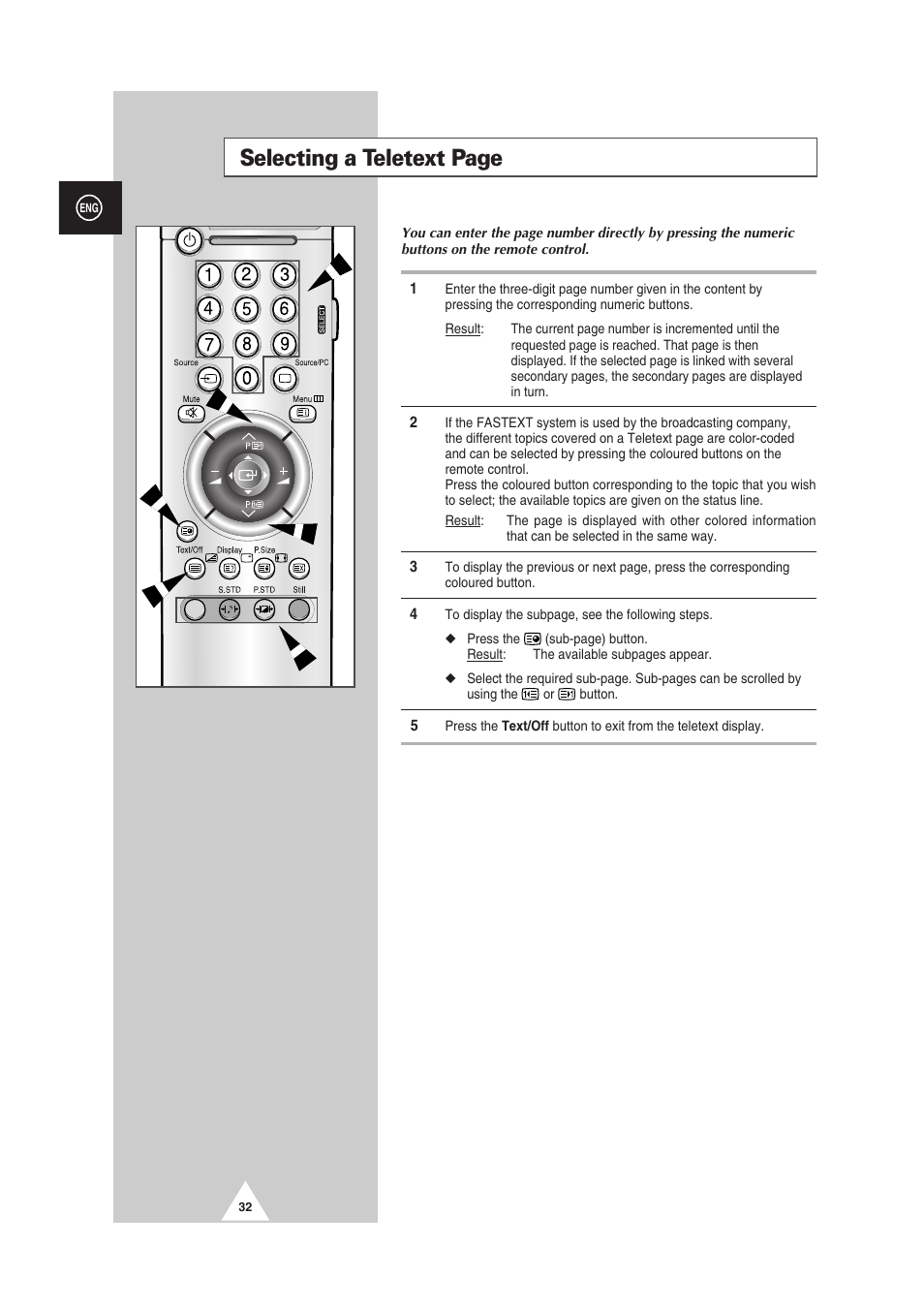 Selecting a teletext page | Samsung PS-50P2HT User Manual | Page 32 / 337