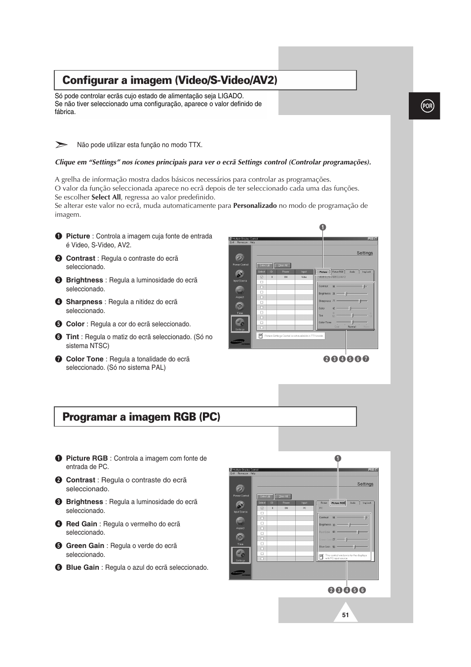 Configurar a imagem (video/s-video/av2), Programar a imagem rgb (pc) | Samsung PS-50P2HT User Manual | Page 331 / 337
