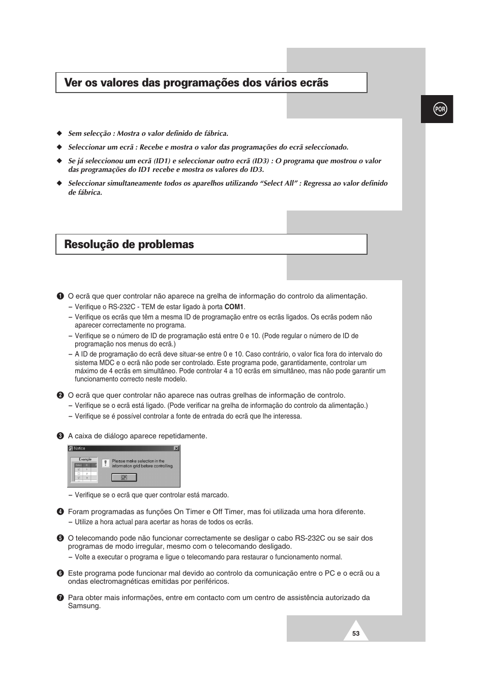 Ver os valores das programações dos vários ecrãs, Resolução de problemas | Samsung PS-50P2HT User Manual | Page 333 / 337
