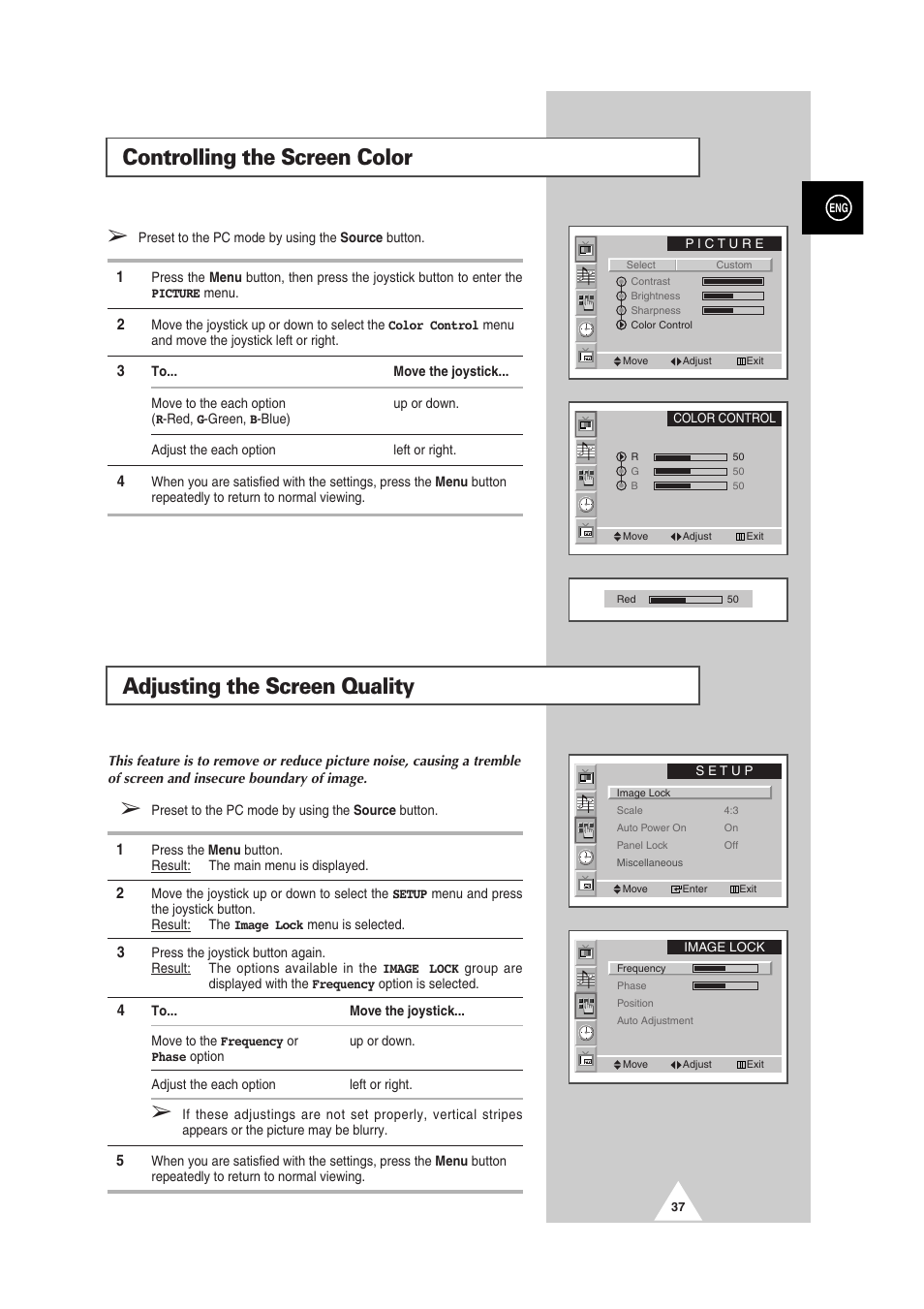 Controlling the screen color, Adjusting the screen quality | Samsung PS-50P2HT User Manual | Page 37 / 337