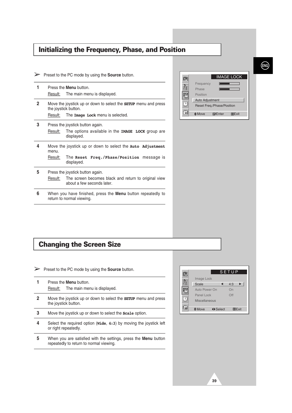 Initializing the frequency, phase, and position, Changing the screen size | Samsung PS-50P2HT User Manual | Page 39 / 337