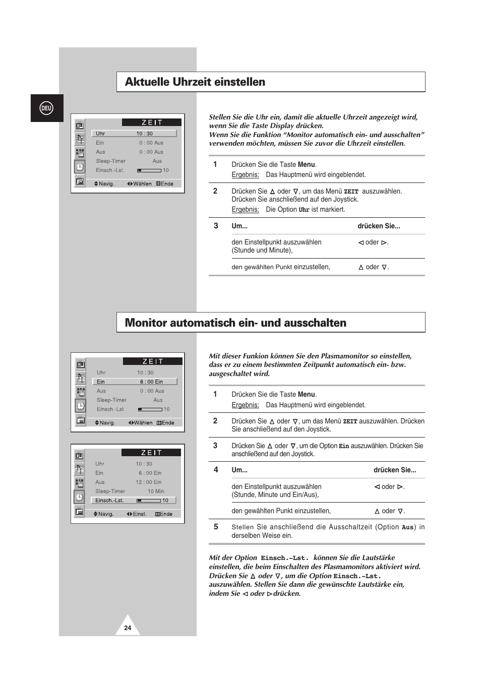 Monitor automatisch ein- und ausschalten, Aktuelle uhrzeit einstellen | Samsung PS-50P2HT User Manual | Page 80 / 337
