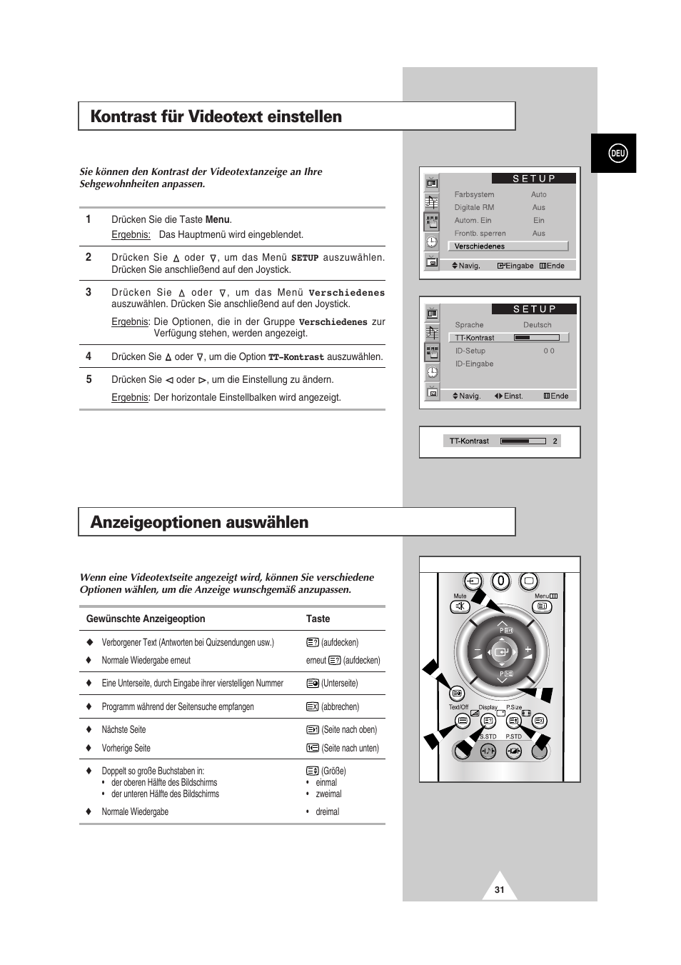 Anzeigeoptionen auswählen, Kontrast für videotext einstellen | Samsung PS-50P2HT User Manual | Page 87 / 337