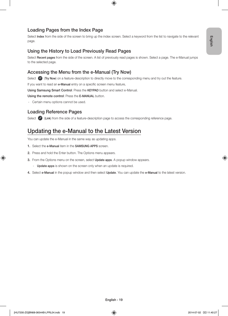 Updating the e-manual to the latest version, Loading pages from the index page, Using the history to load previously read pages | Accessing the menu from the e-manual (try now), Loading reference pages | Samsung UE55HU7200S User Manual | Page 19 / 97