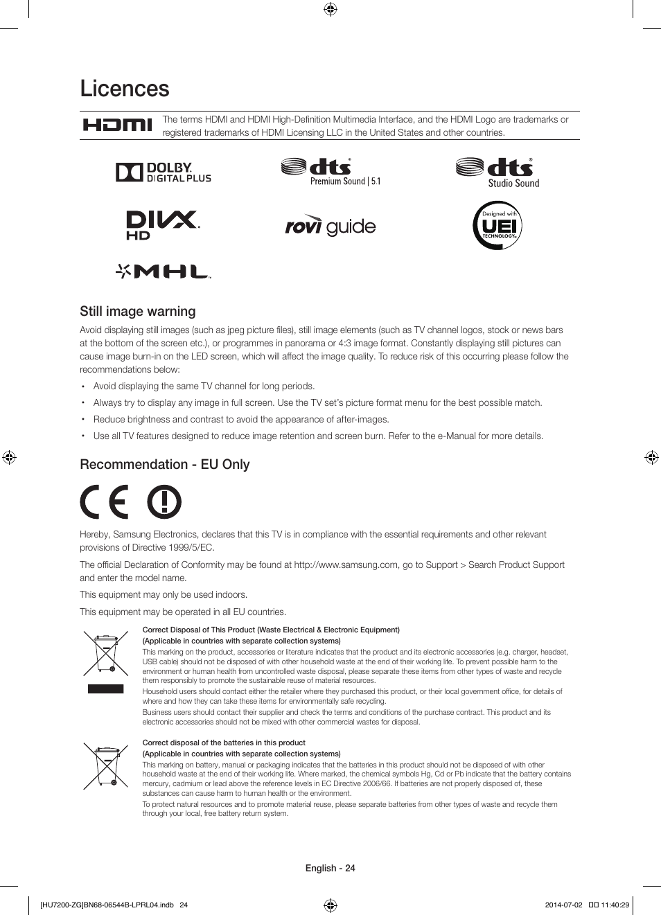 Licences, Still image warning, Recommendation - eu only | Samsung UE55HU7200S User Manual | Page 24 / 97