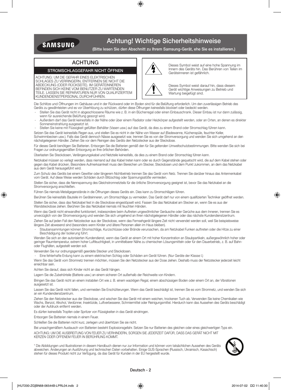 Achtung! wichtige sicherheitshinweise, Achtung | Samsung UE55HU7200S User Manual | Page 26 / 97