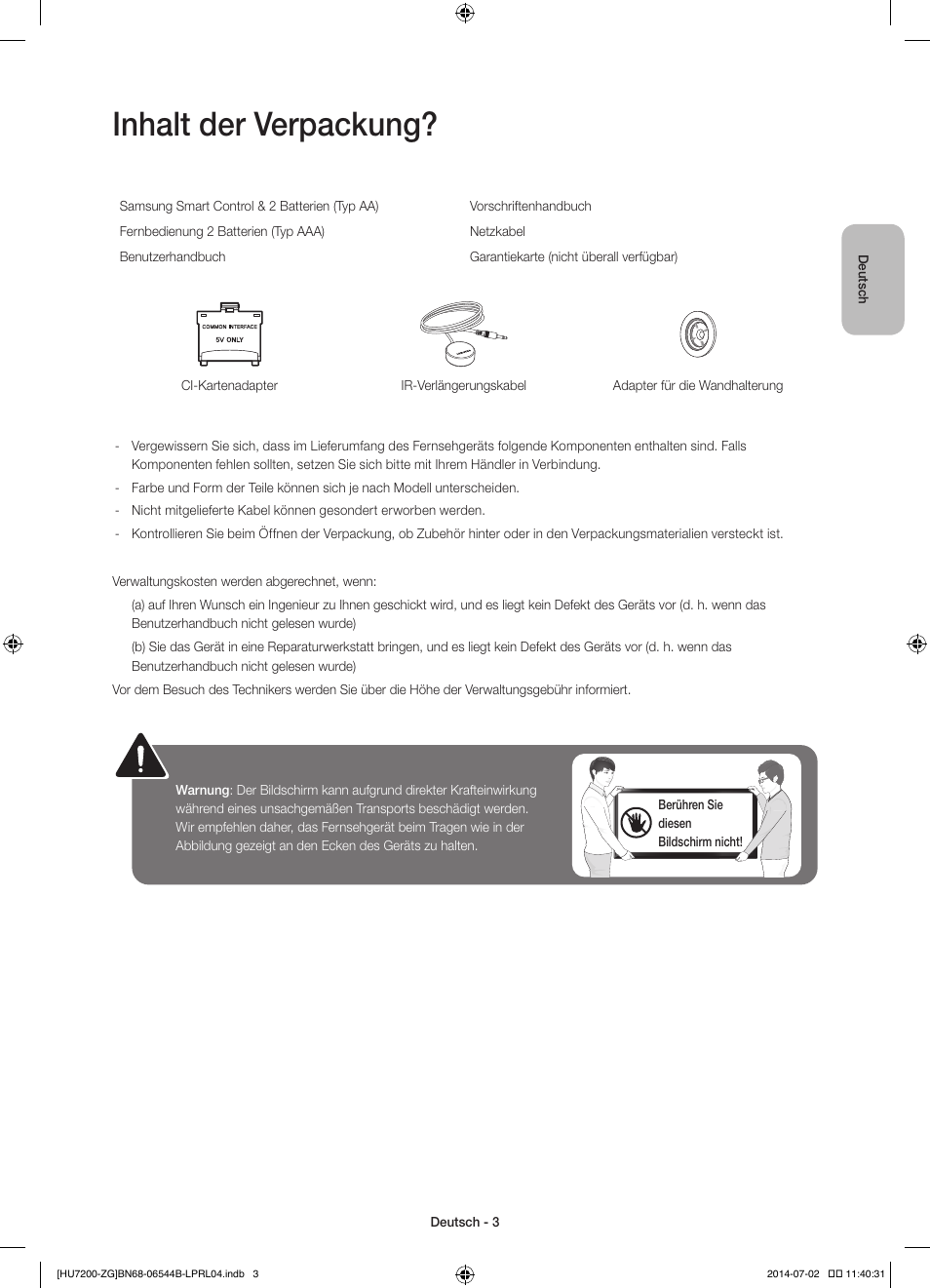 Inhalt der verpackung | Samsung UE55HU7200S User Manual | Page 27 / 97
