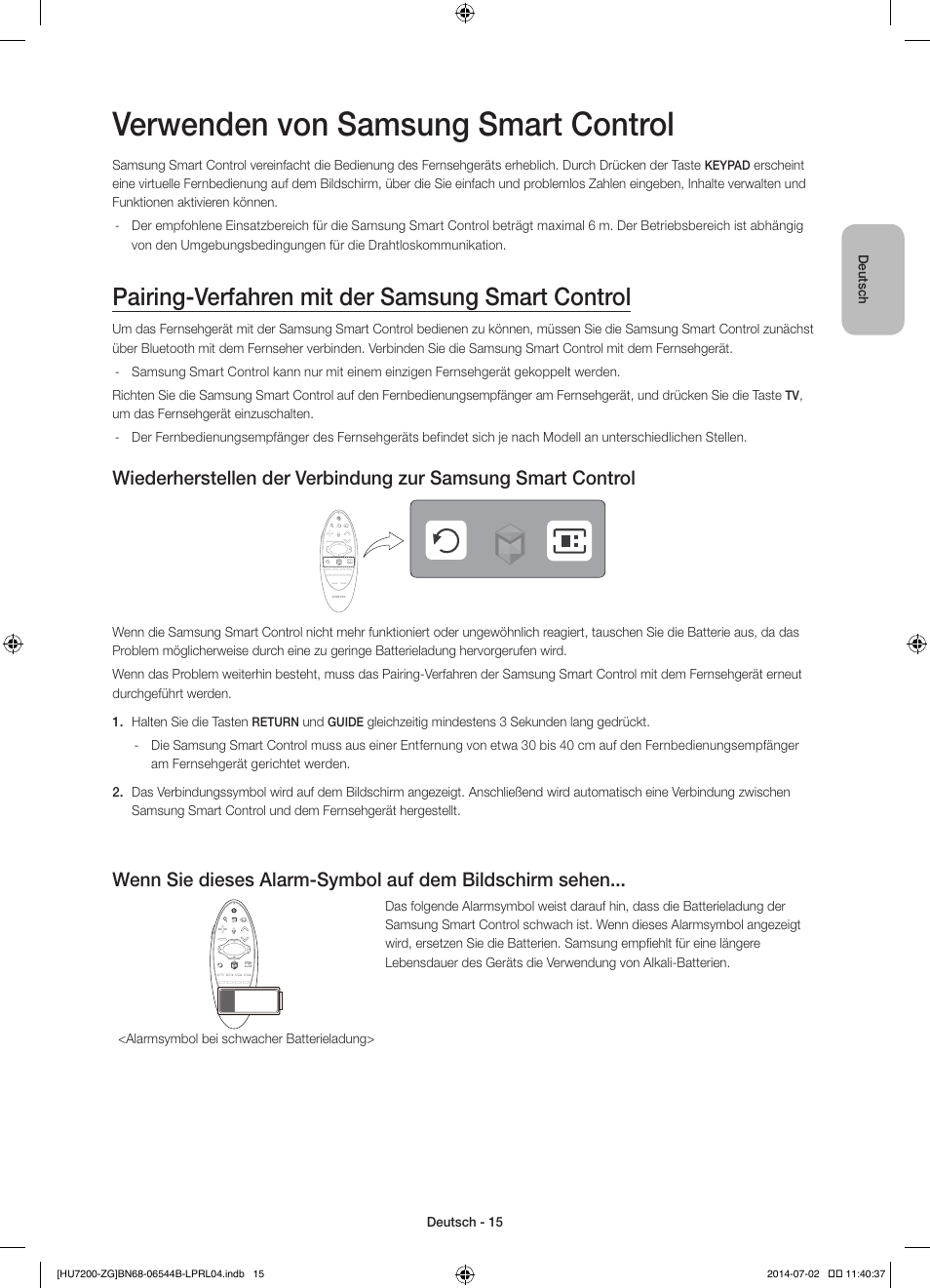 Verwenden von samsung smart control, Pairing-verfahren mit der samsung smart control | Samsung UE55HU7200S User Manual | Page 39 / 97