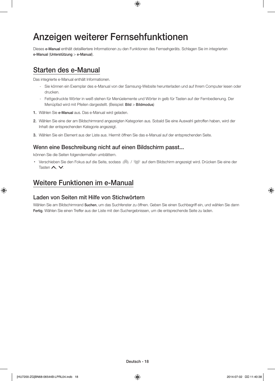 Anzeigen weiterer fernsehfunktionen, Starten des e-manual, Weitere funktionen im e-manual | Laden von seiten mit hilfe von stichwörtern | Samsung UE55HU7200S User Manual | Page 42 / 97