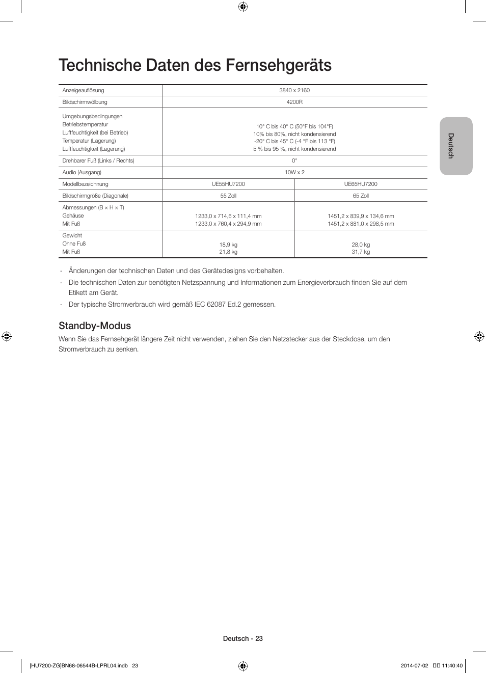 Technische daten des fernsehgeräts, Standby-modus | Samsung UE55HU7200S User Manual | Page 47 / 97