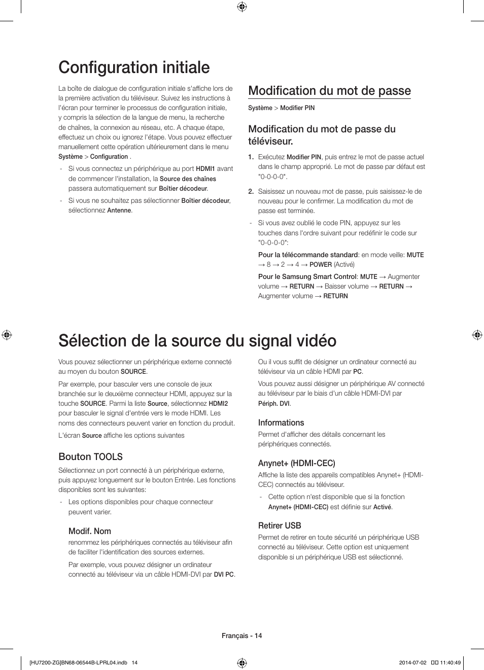 Configuration initiale, Sélection de la source du signal vidéo, Modification du mot de passe | Modification du mot de passe du téléviseur, Bouton, Tools | Samsung UE55HU7200S User Manual | Page 62 / 97