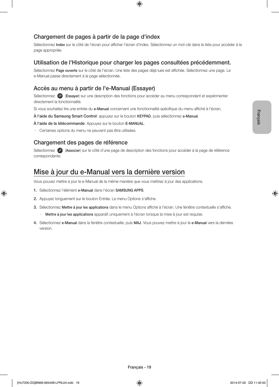 Mise à jour du e-manual vers la dernière version, Chargement de pages à partir de la page d'index, Accès au menu à partir de l'e-manual (essayer) | Chargement des pages de référence | Samsung UE55HU7200S User Manual | Page 67 / 97