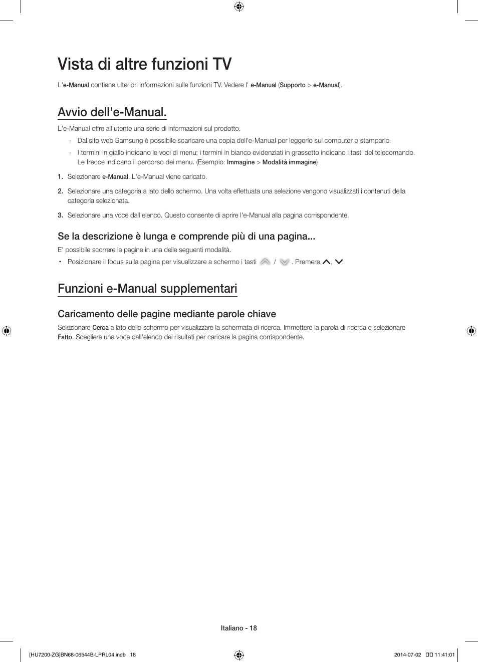 Vista di altre funzioni tv, Avvio dell'e-manual, Funzioni e-manual supplementari | Caricamento delle pagine mediante parole chiave | Samsung UE55HU7200S User Manual | Page 90 / 97