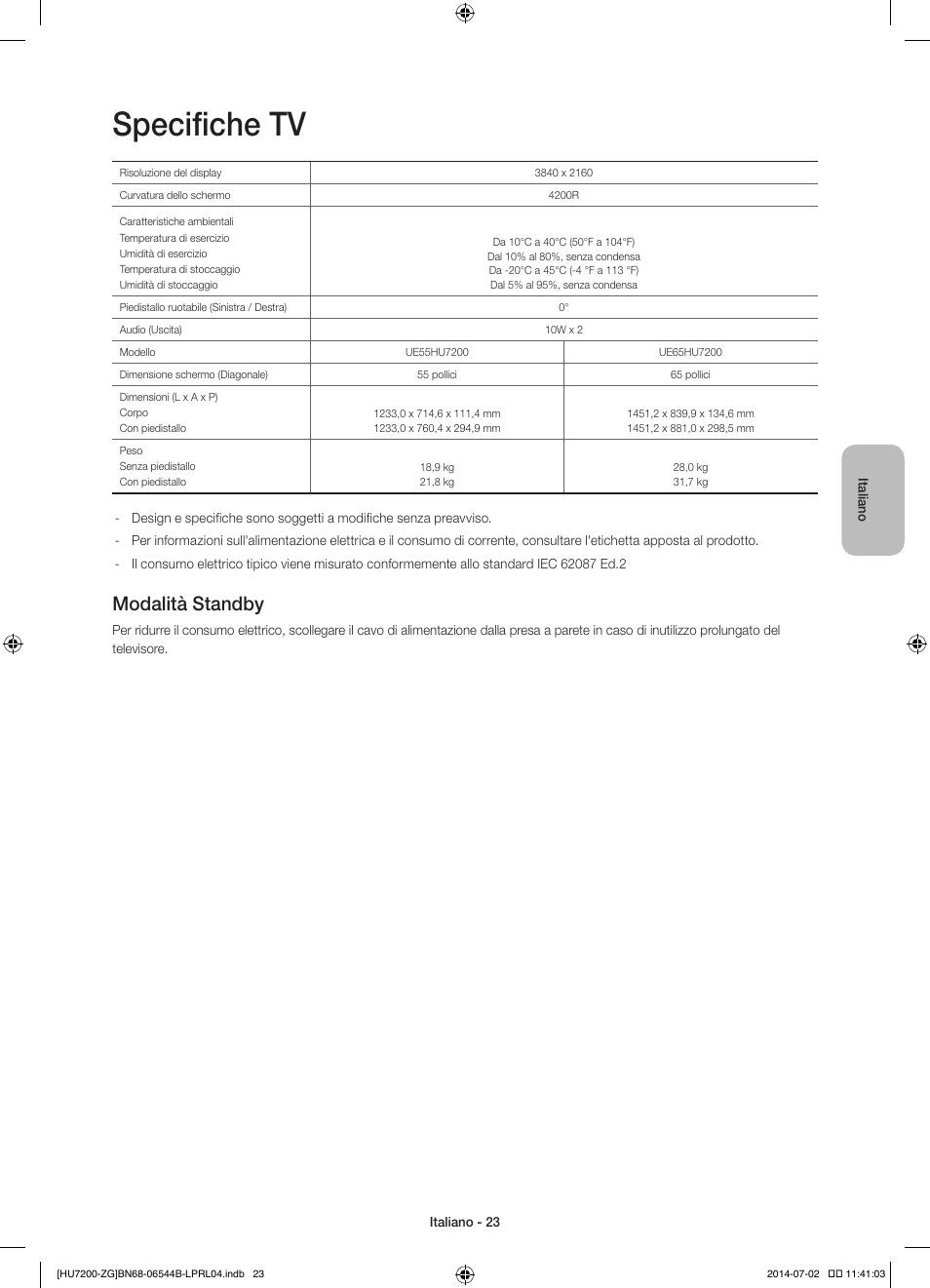 Specifiche tv, Modalità standby | Samsung UE55HU7200S User Manual | Page 95 / 97