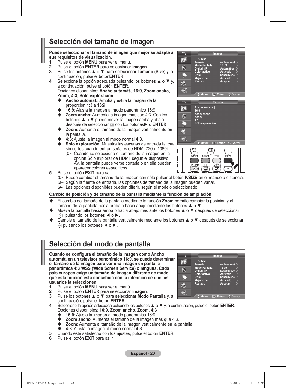 Selección del tamaño de imagen, Selección del modo de pantalla | Samsung PS42A411C2 User Manual | Page 258 / 568