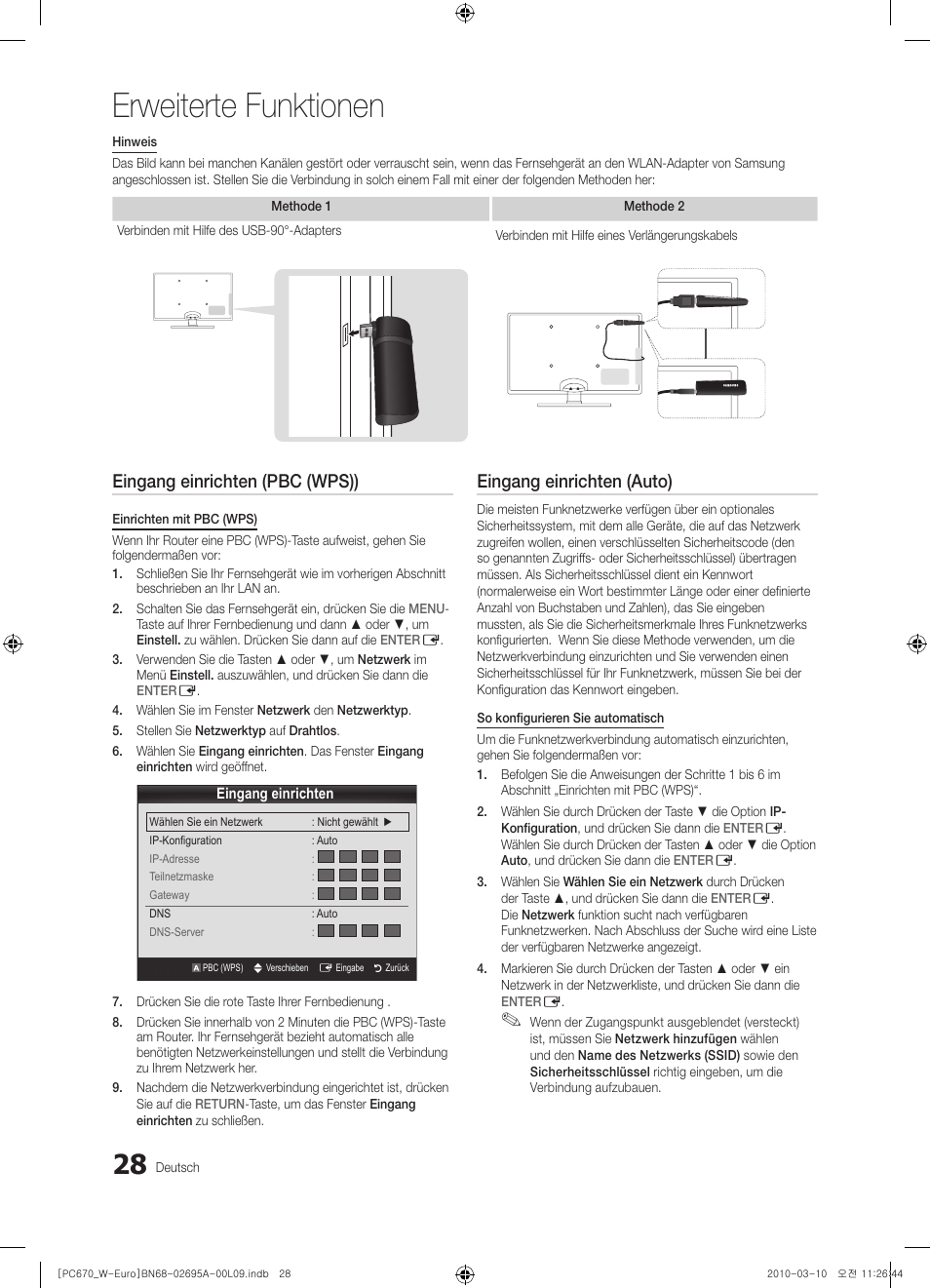 Erweiterte funktionen, Eingang einrichten (pbc (wps)), Eingang einrichten (auto) | Samsung PS50C670G3S User Manual | Page 128 / 452