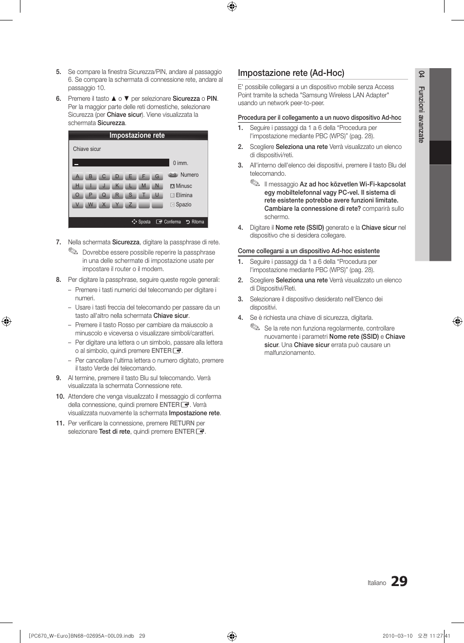 Impostazione rete (ad-hoc) | Samsung PS50C670G3S User Manual | Page 229 / 452