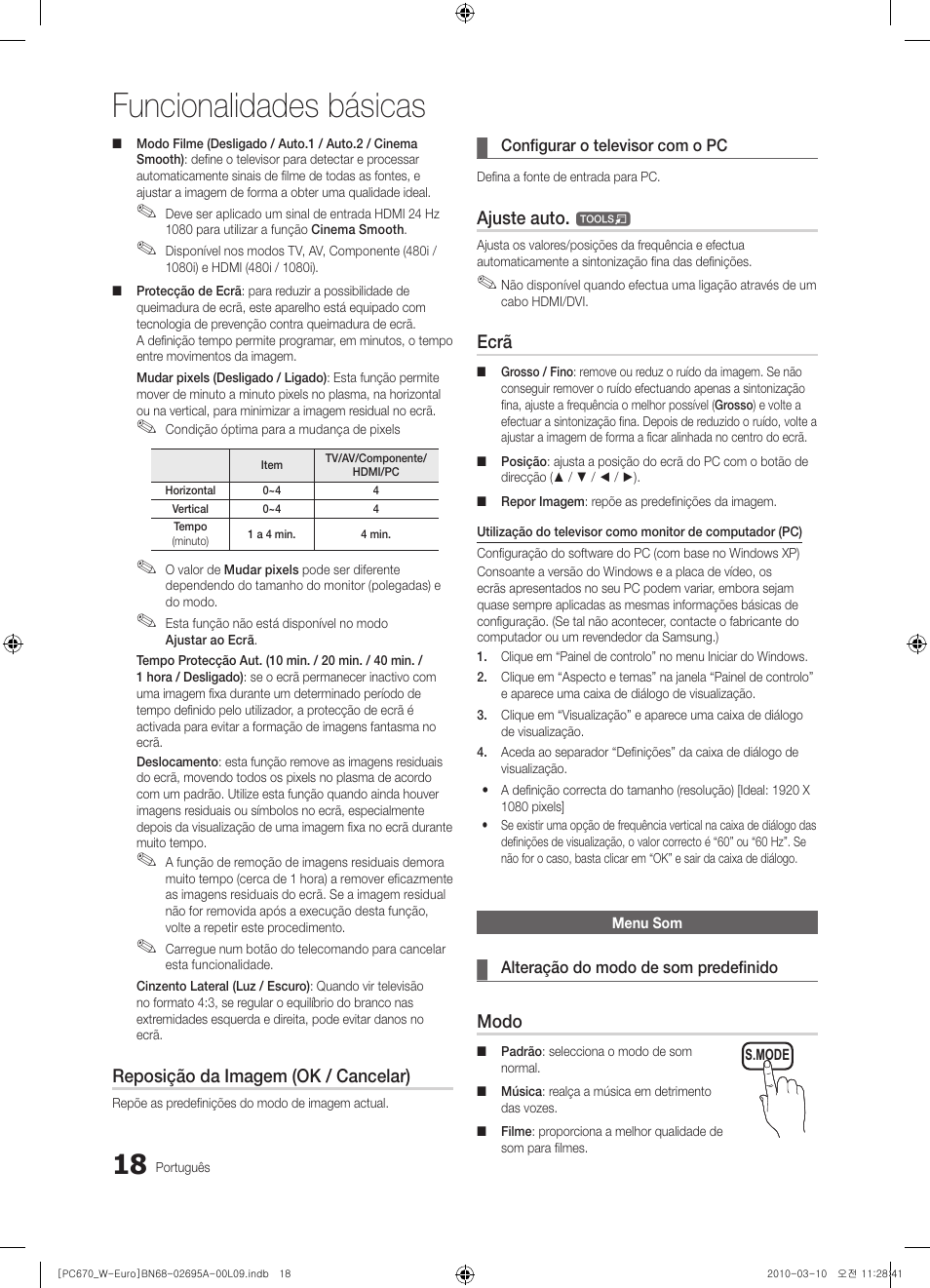 Funcionalidades básicas, Reposição da imagem (ok / cancelar), Ajuste auto | Ecrã, Modo | Samsung PS50C670G3S User Manual | Page 318 / 452