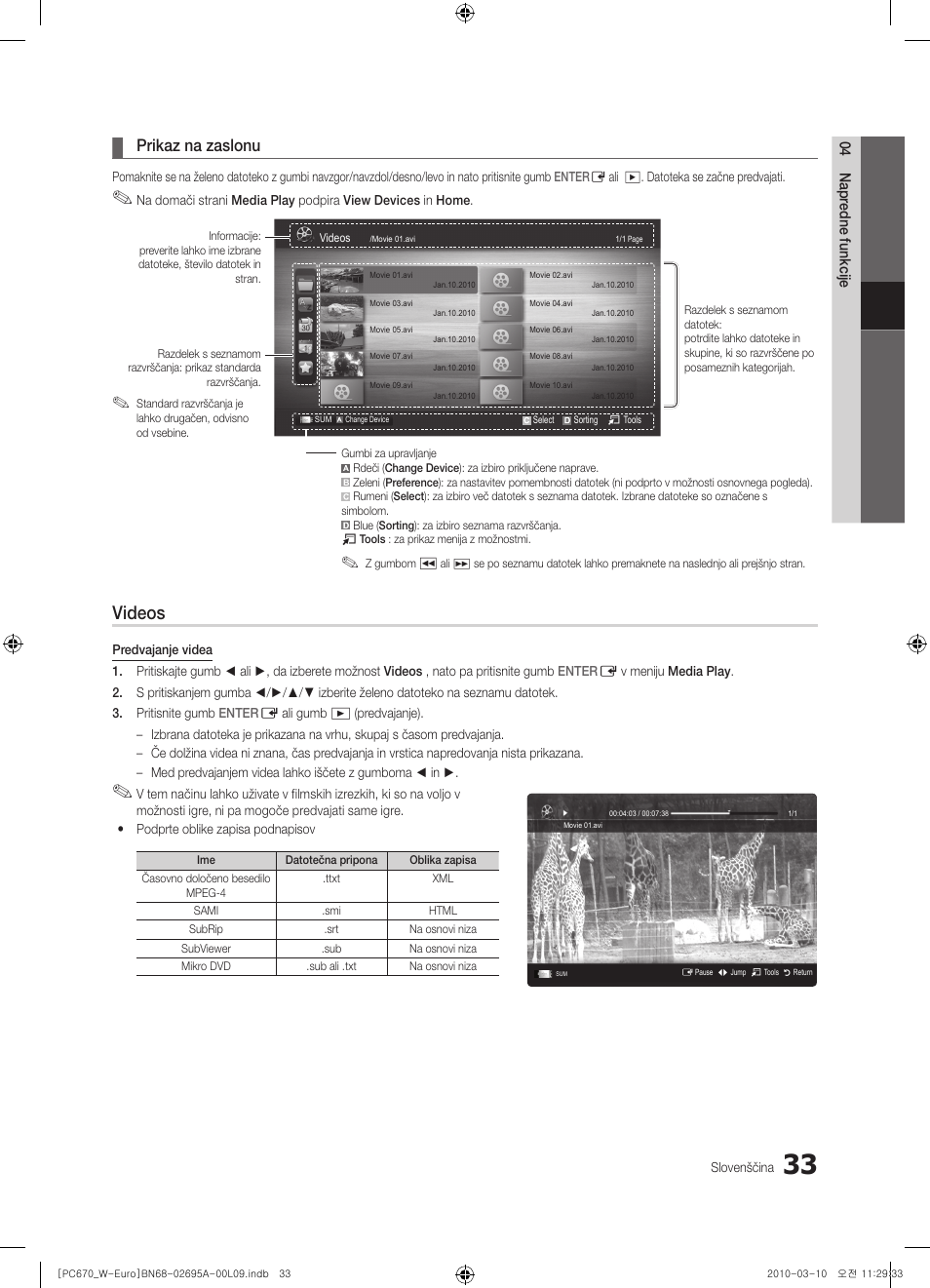 Videos, Prikaz na zaslonu | Samsung PS50C670G3S User Manual | Page 383 / 452