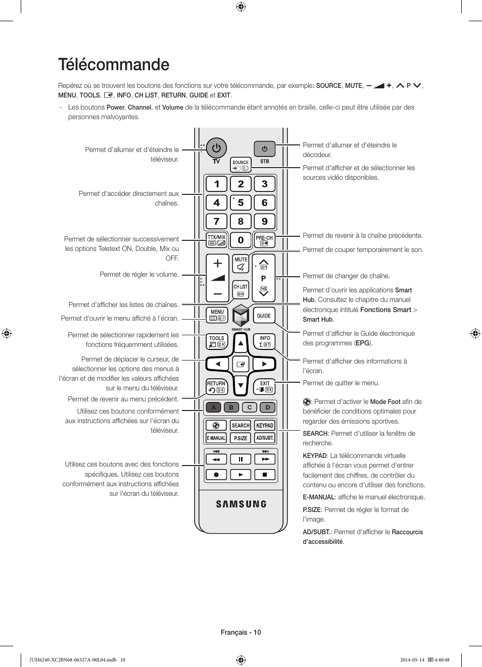 Télécommande | Samsung UE48H6240AW User Manual | Page 30 / 81