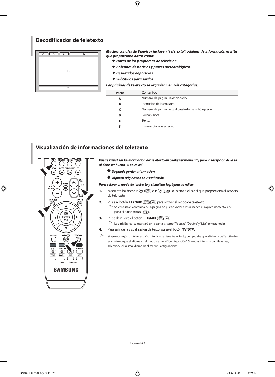 Decodificador de teletexto, Visualización de informaciones del teletexto | Samsung LE37R74BD User Manual | Page 69 / 81