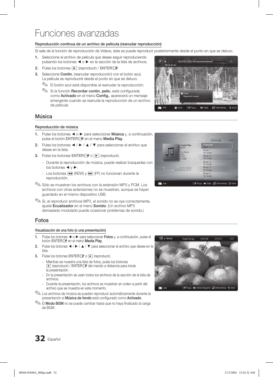 Funciones avanzadas, Música, Fotos | Samsung LE32C550J1W User Manual | Page 128 / 290