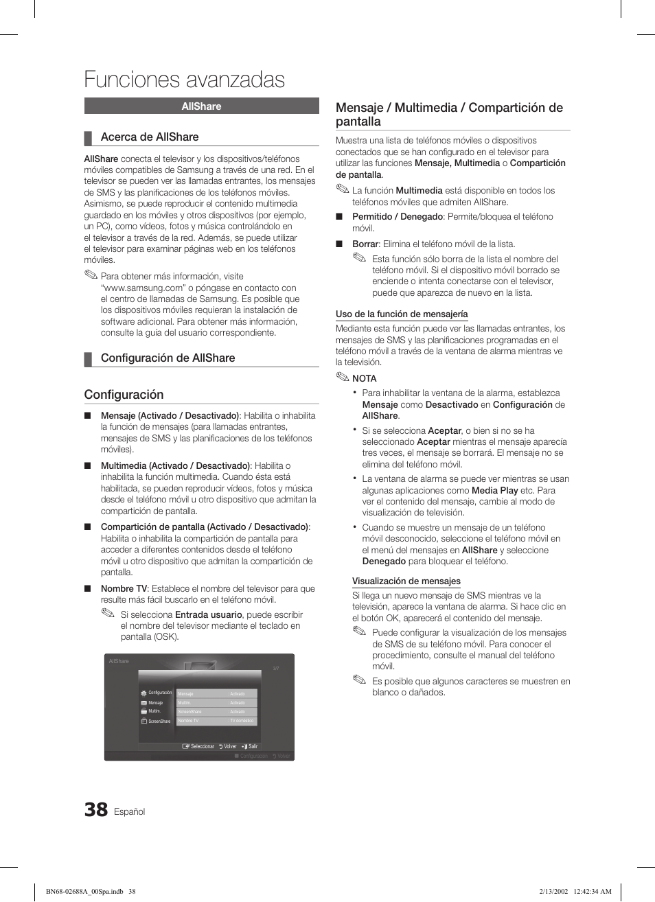 Funciones avanzadas, Configuración, Mensaje / multimedia / compartición de pantalla | Samsung LE32C550J1W User Manual | Page 134 / 290