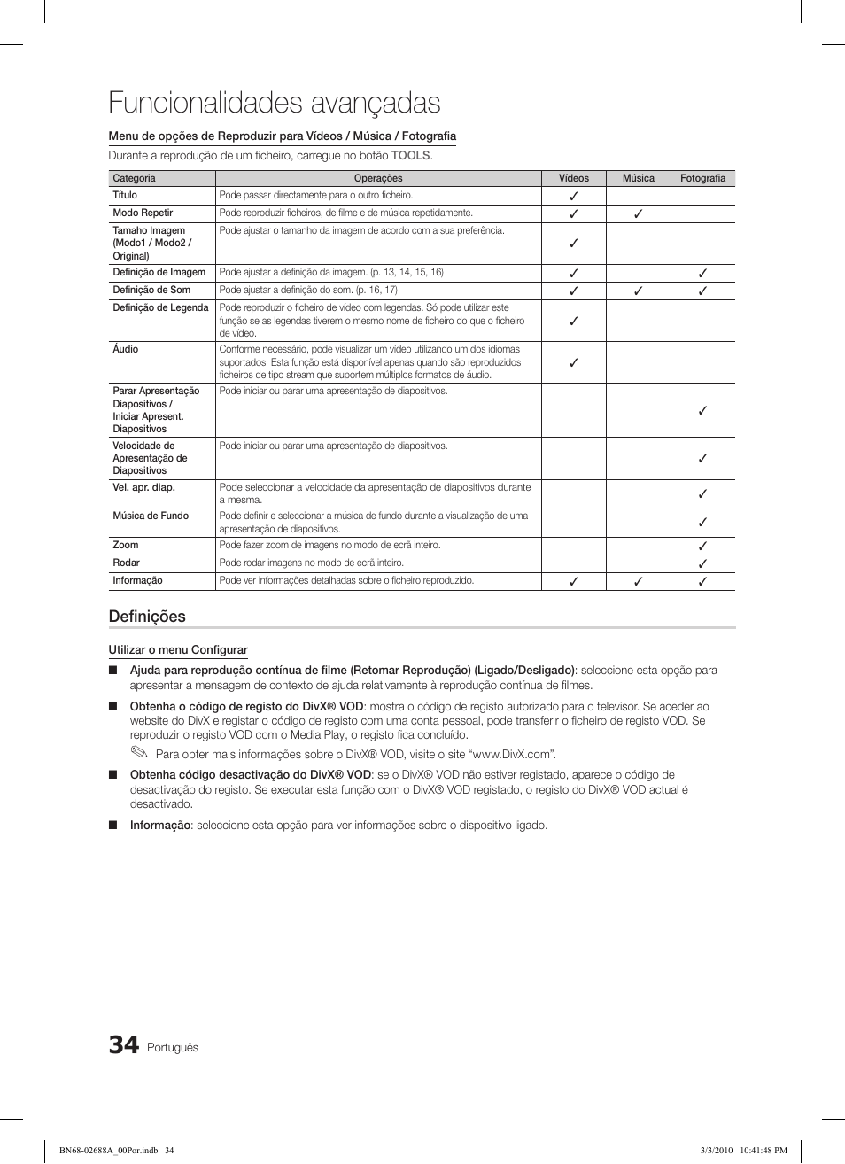 Funcionalidades avançadas, Definições | Samsung LE32C550J1W User Manual | Page 178 / 290