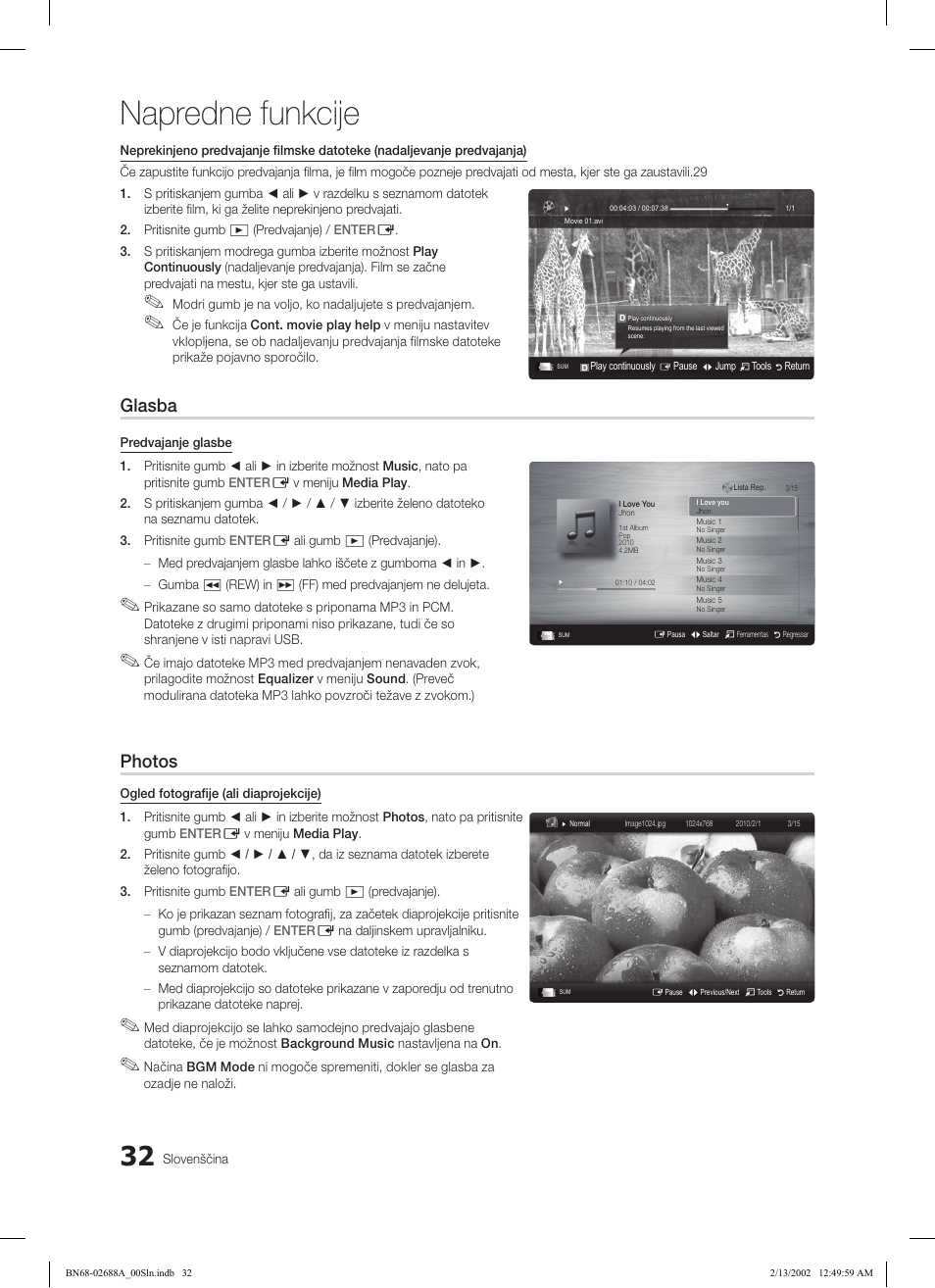 Napredne funkcije, Glasba, Photos | Samsung LE32C550J1W User Manual | Page 224 / 290