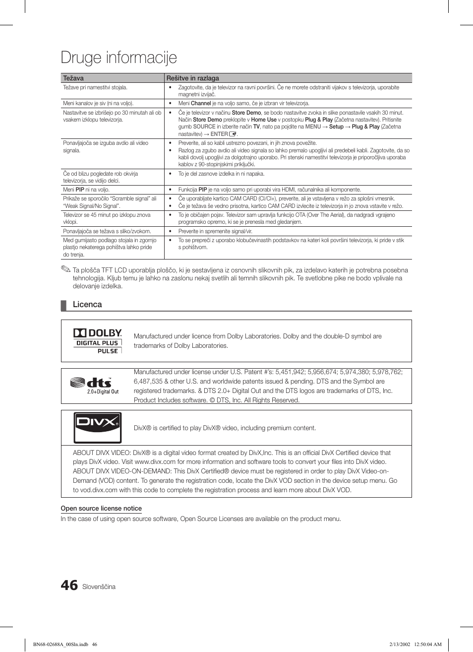Druge informacije, Licenca | Samsung LE32C550J1W User Manual | Page 238 / 290