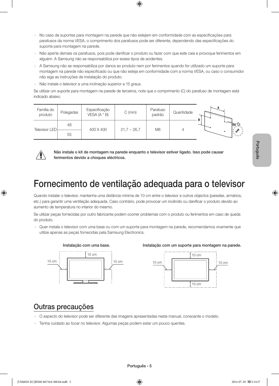 Outras precauções | Samsung UE55H6850AW User Manual | Page 71 / 89