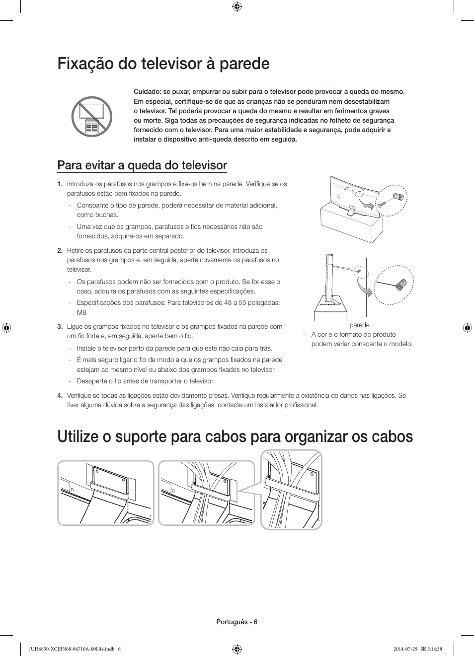 Fixação do televisor à parede, Para evitar a queda do televisor | Samsung UE55H6850AW User Manual | Page 72 / 89