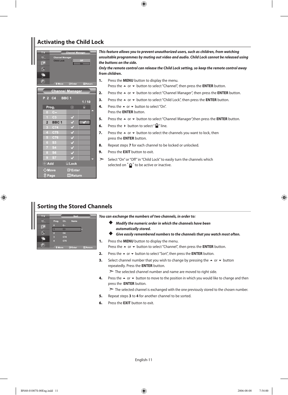 Activating the child lock, Sorting the stored channels | Samsung LE32N73BD User Manual | Page 13 / 111