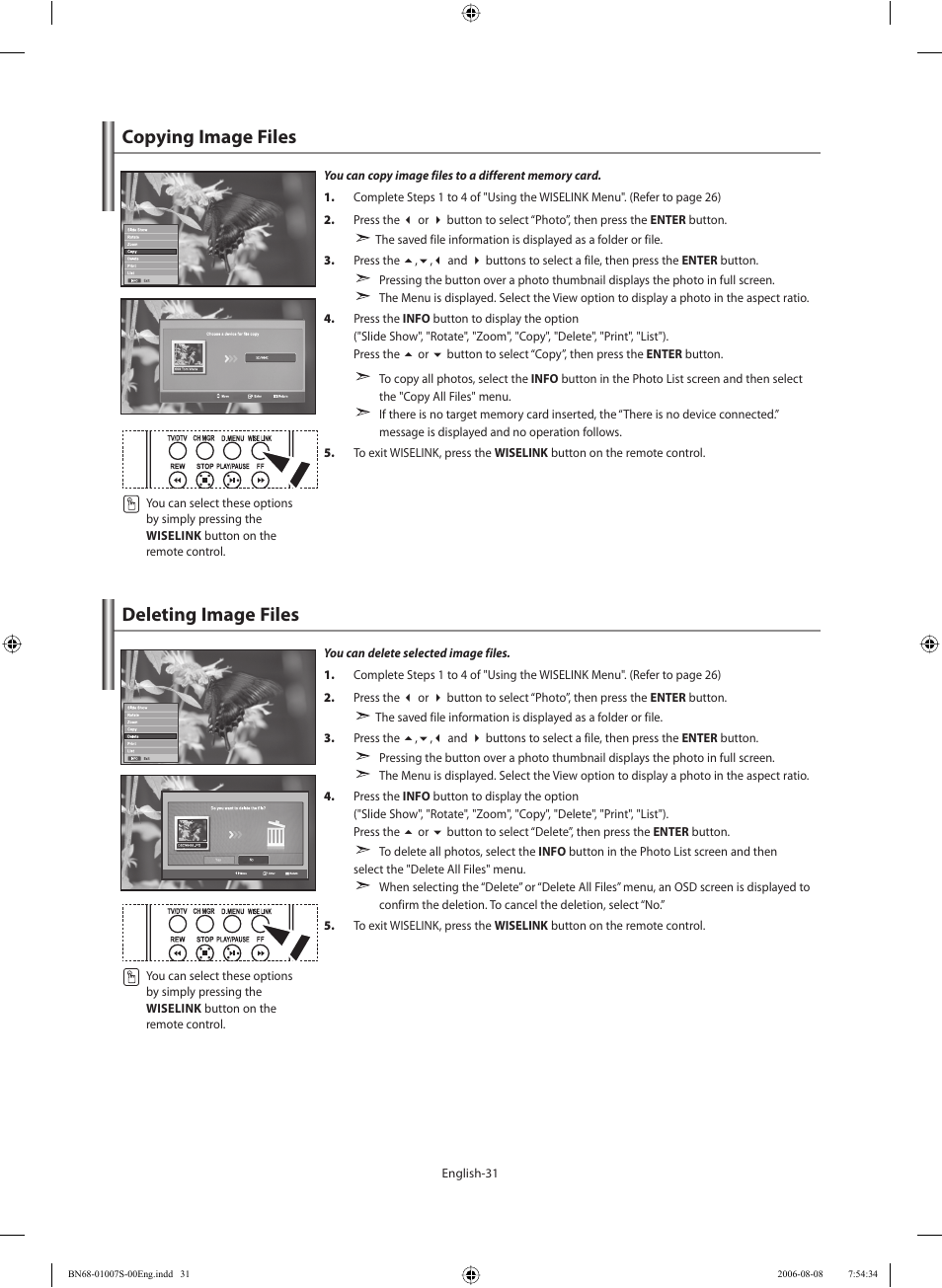 Copying image files, Deleting image files | Samsung LE32N73BD User Manual | Page 33 / 111