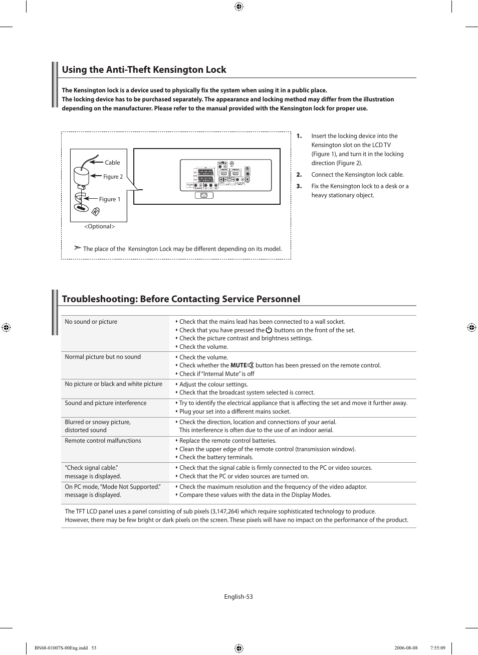 Recommendations for use, Using the anti-theft kensington lock | Samsung LE32N73BD User Manual | Page 55 / 111