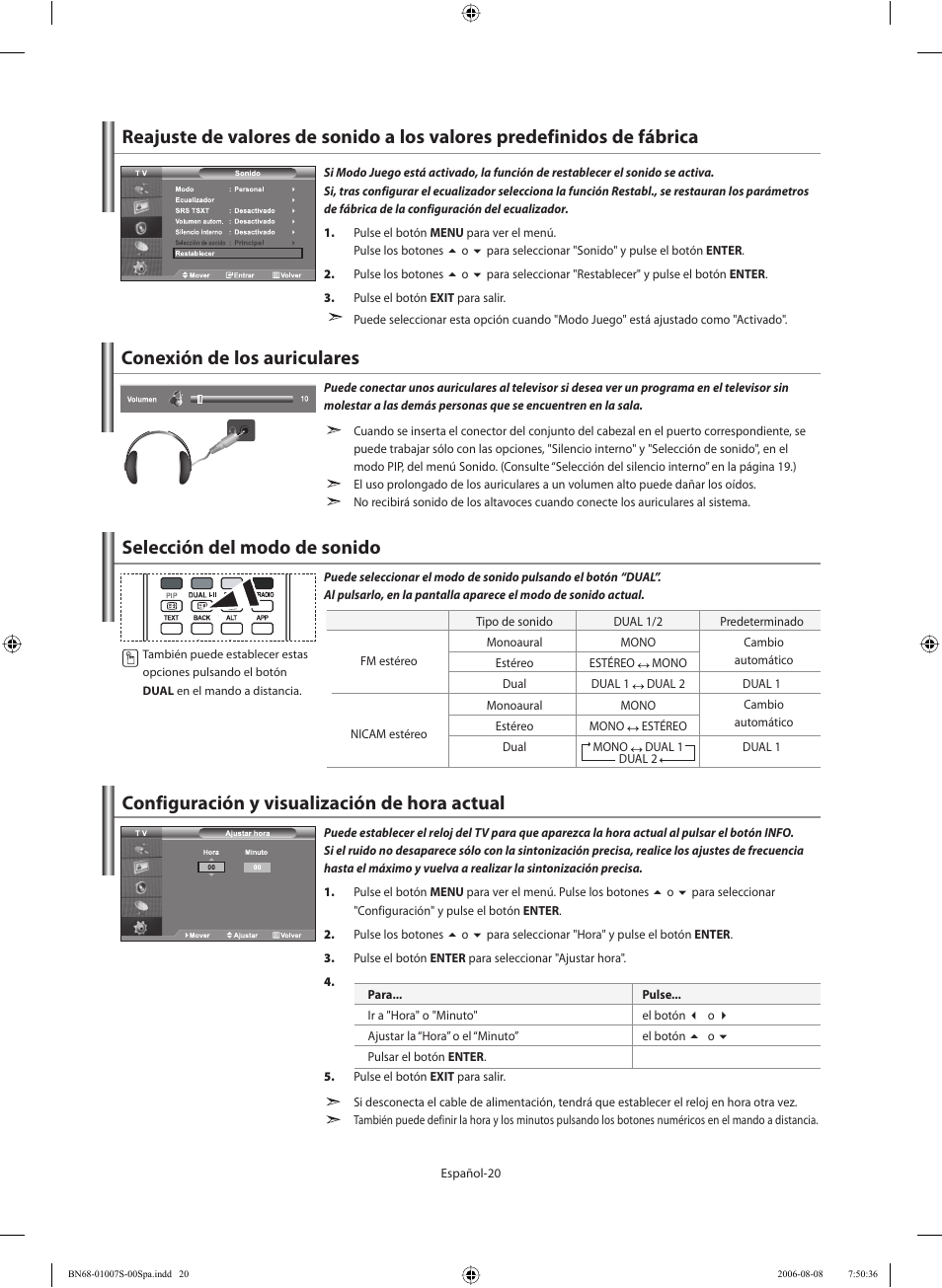 Conexión de los auriculares, Selección del modo de sonido | Samsung LE32N73BD User Manual | Page 76 / 111