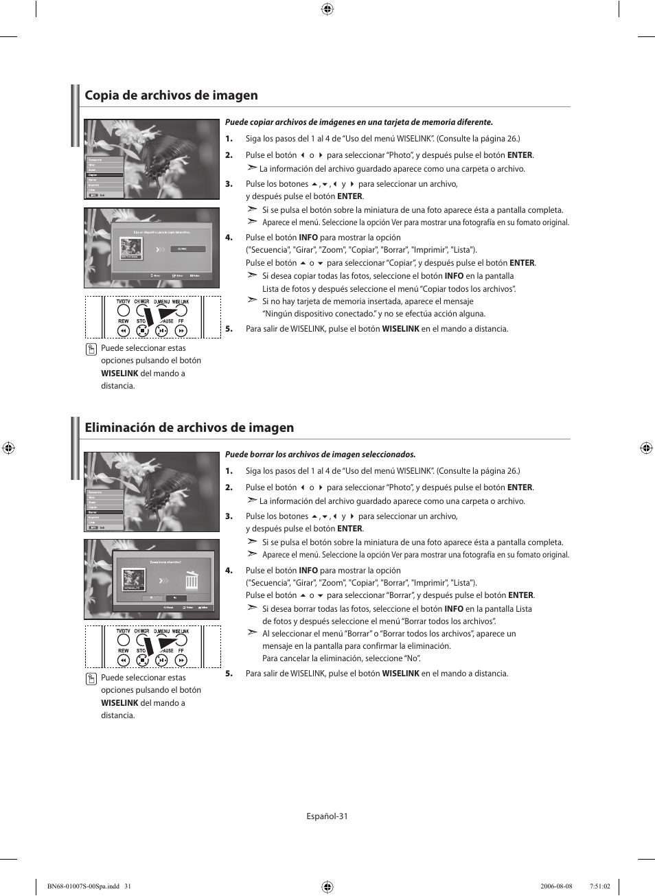 Copia de archivos de imagen, Eliminación de archivos de imagen | Samsung LE32N73BD User Manual | Page 87 / 111