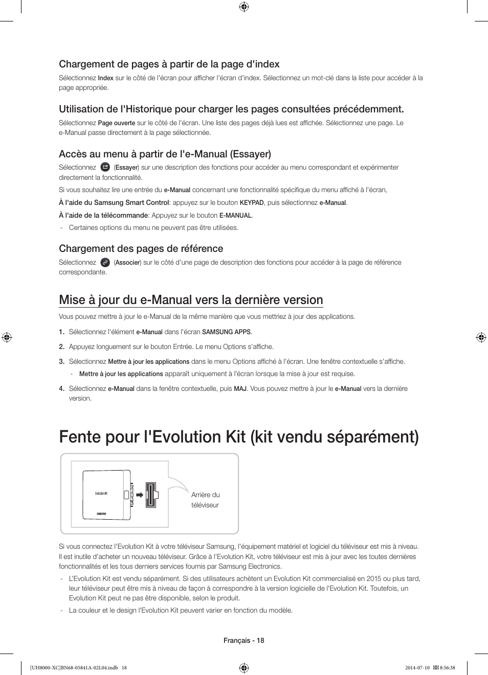 Fente pour l'evolution kit (kit vendu séparément), Mise à jour du e-manual vers la dernière version, Chargement de pages à partir de la page d'index | Accès au menu à partir de l'e-manual (essayer), Chargement des pages de référence | Samsung UE48H8000SL User Manual | Page 40 / 89