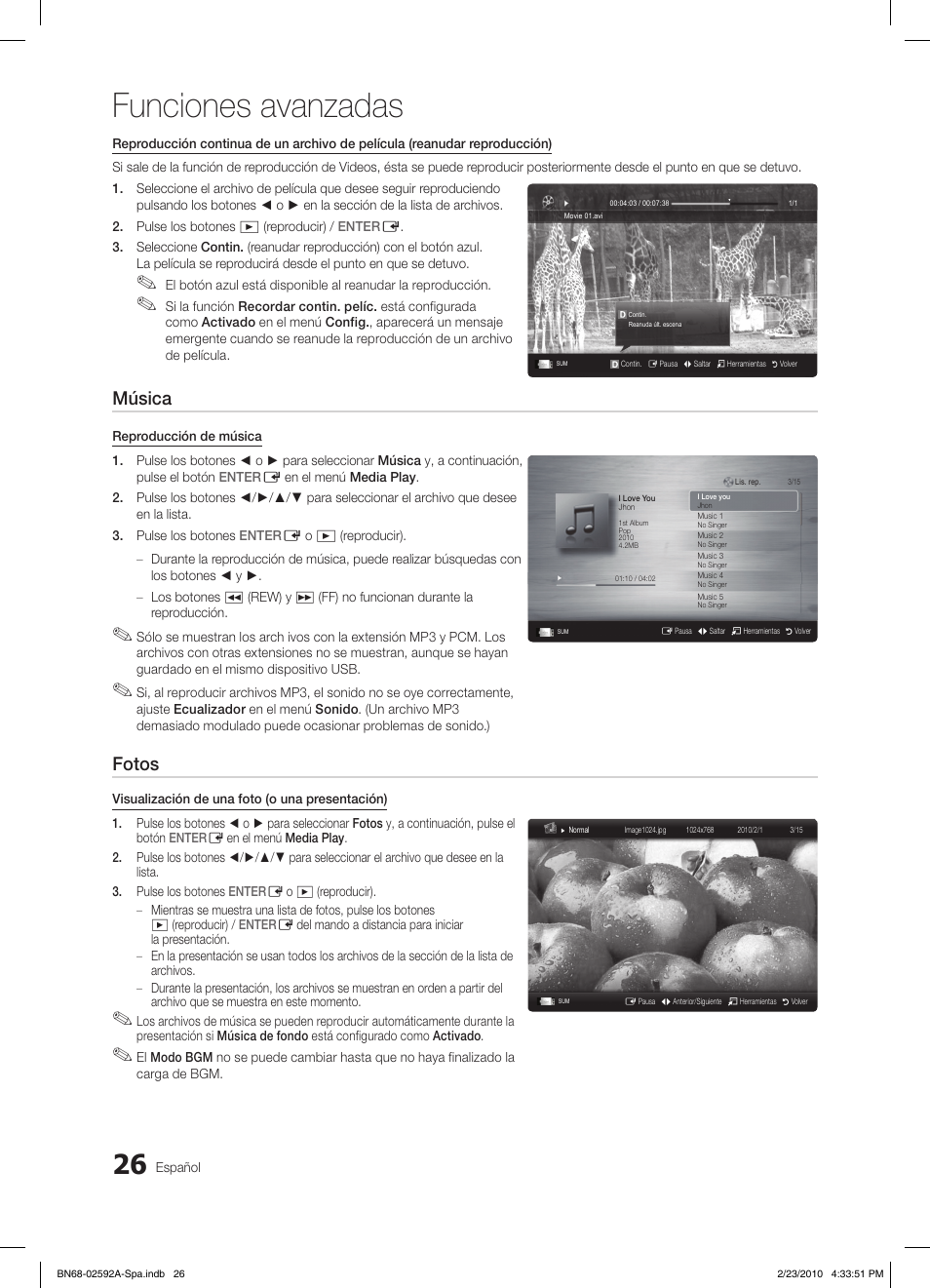 Funciones avanzadas, Música, Fotos | Samsung LE32C450E1W User Manual | Page 104 / 236