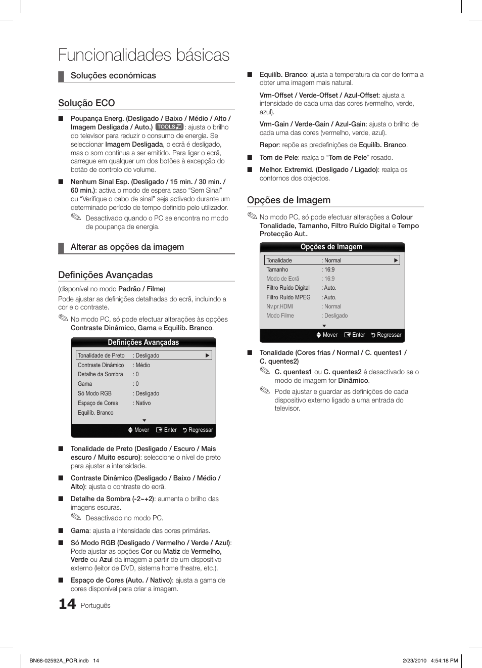 Funcionalidades básicas, Solução eco, Definições avançadas | Opções de imagem | Samsung LE32C450E1W User Manual | Page 131 / 236