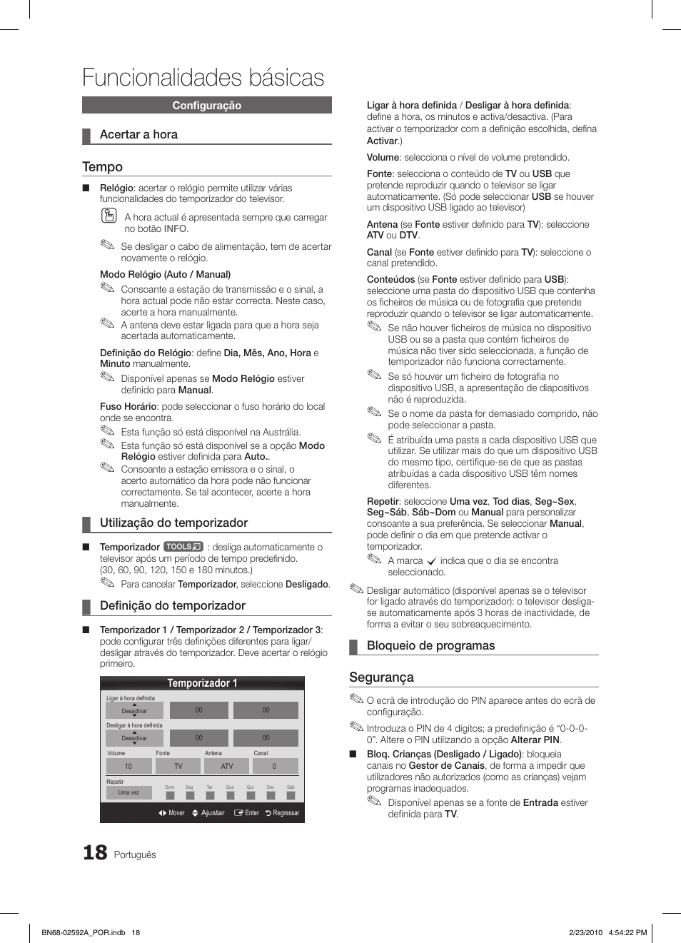 Funcionalidades básicas, Tempo, Segurança | Samsung LE32C450E1W User Manual | Page 135 / 236