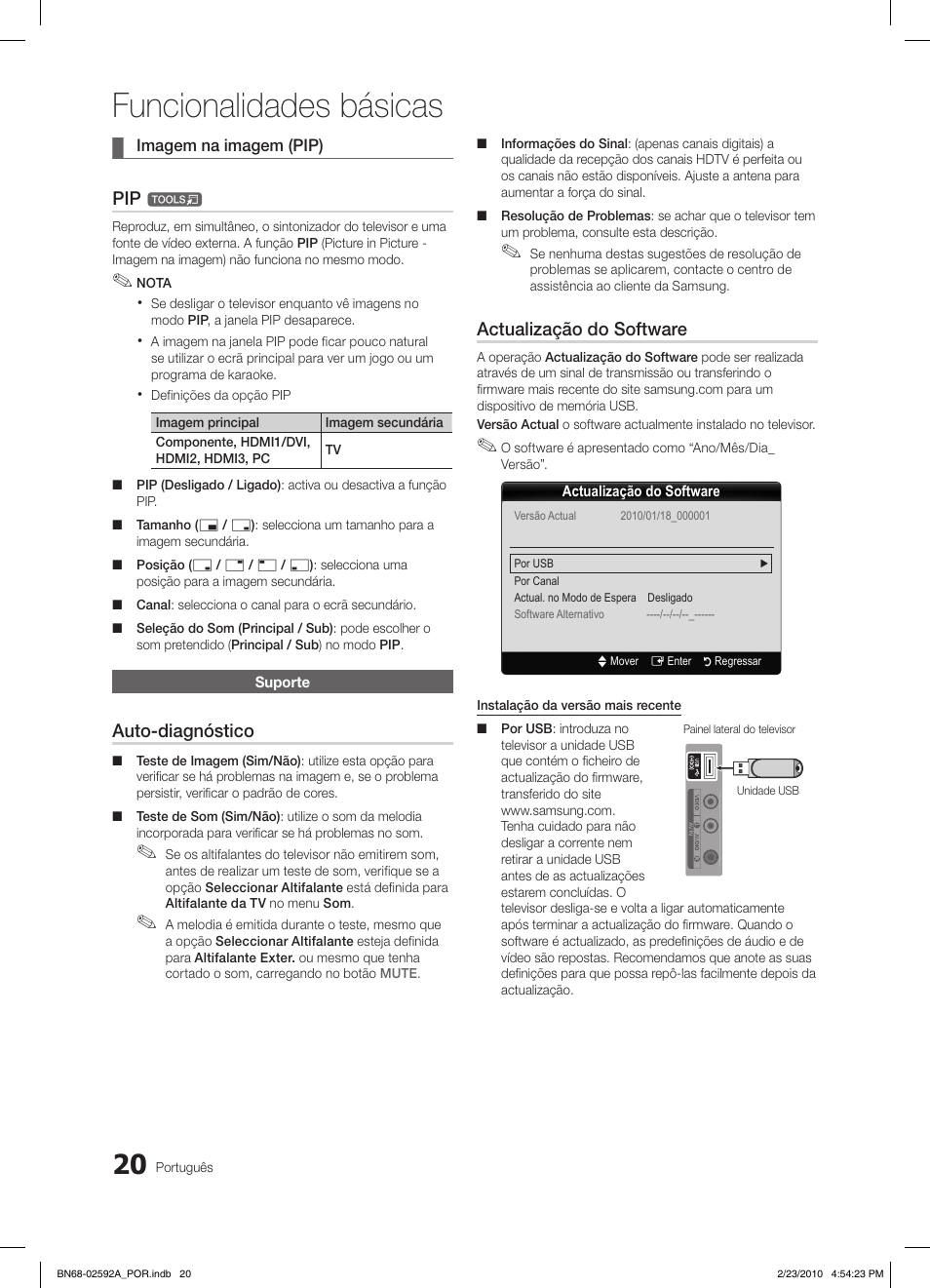 Funcionalidades básicas, Auto-diagnóstico, Actualização do software | Samsung LE32C450E1W User Manual | Page 137 / 236