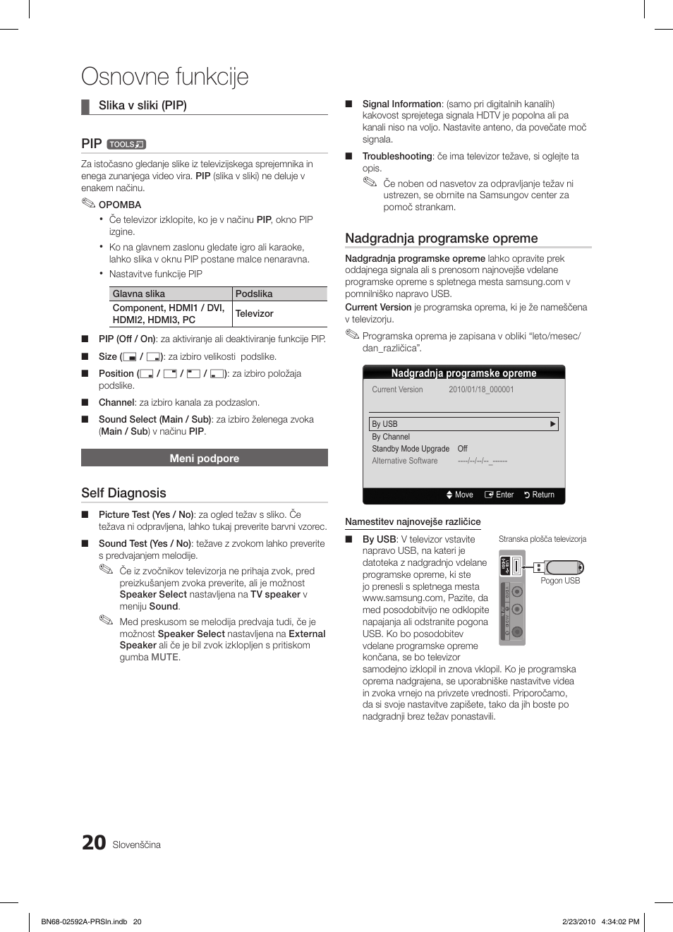 Osnovne funkcije, Self diagnosis, Nadgradnja programske opreme | Samsung LE32C450E1W User Manual | Page 176 / 236
