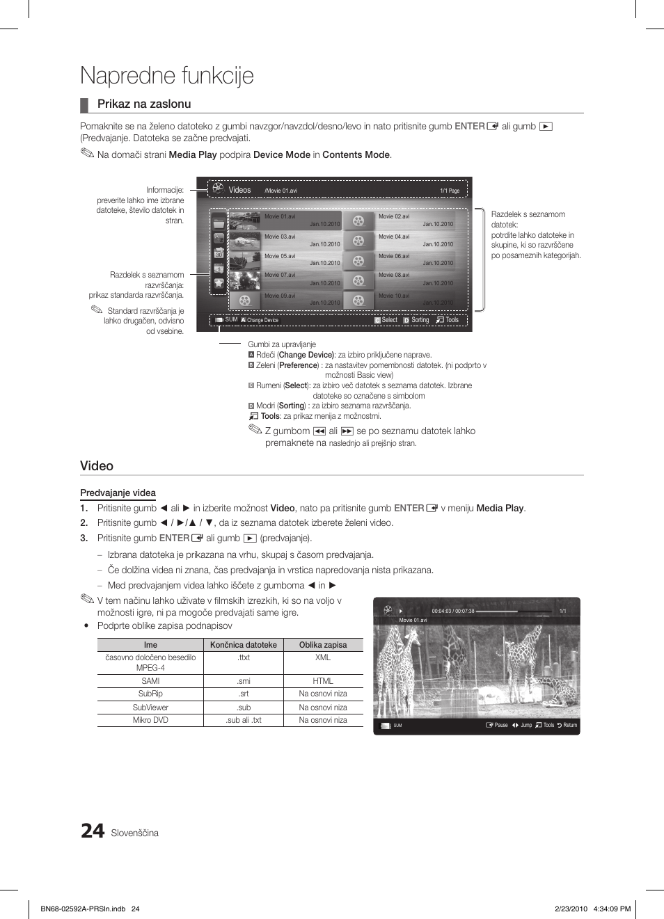 Napredne funkcije, Video, Prikaz na zaslonu | Samsung LE32C450E1W User Manual | Page 180 / 236