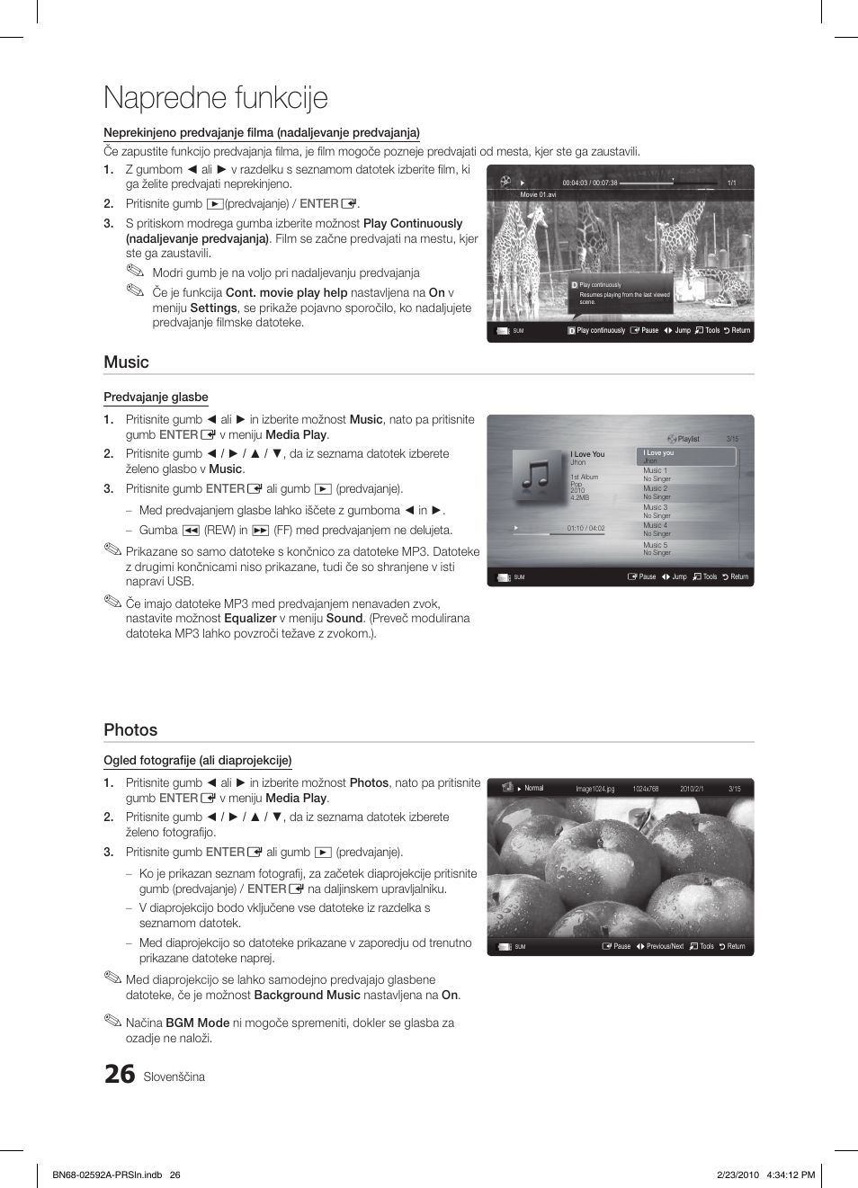 Napredne funkcije, Music, Photos | Samsung LE32C450E1W User Manual | Page 182 / 236