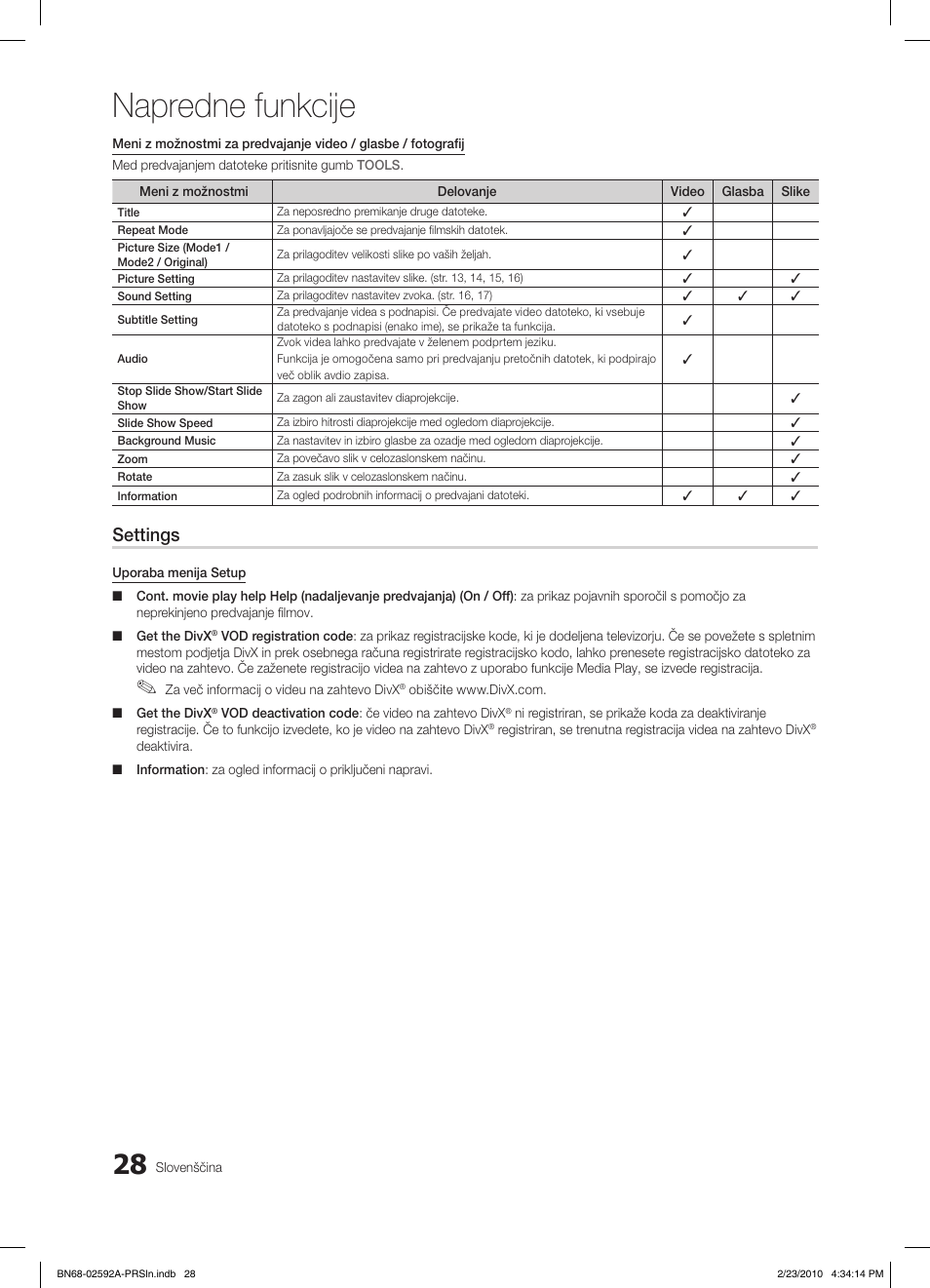 Napredne funkcije, Settings | Samsung LE32C450E1W User Manual | Page 184 / 236