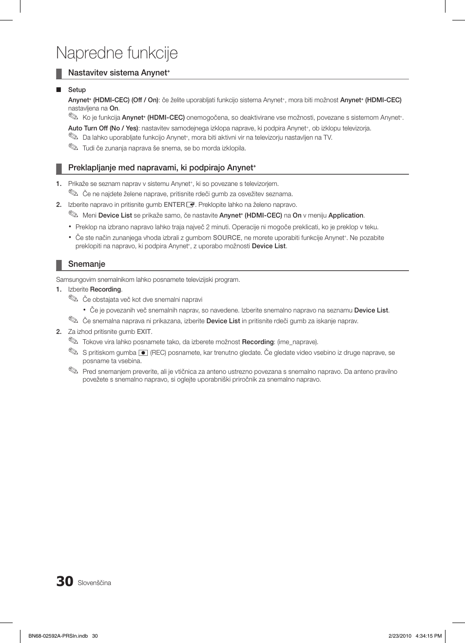 Napredne funkcije | Samsung LE32C450E1W User Manual | Page 186 / 236