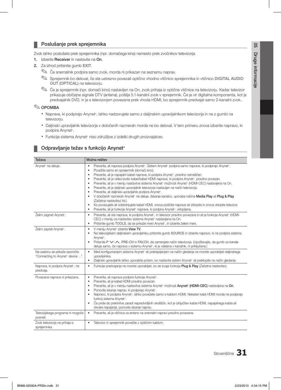 Poslušanje prek sprejemnika, Odpravljanje težav s funkcijo anynet | Samsung LE32C450E1W User Manual | Page 187 / 236