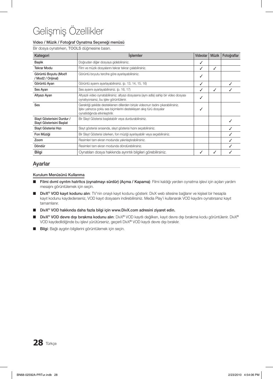 Gelişmiş özellikler, Ayarlar | Samsung LE32C450E1W User Manual | Page 223 / 236