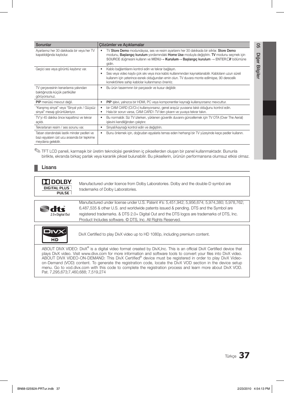 Lisans | Samsung LE32C450E1W User Manual | Page 232 / 236